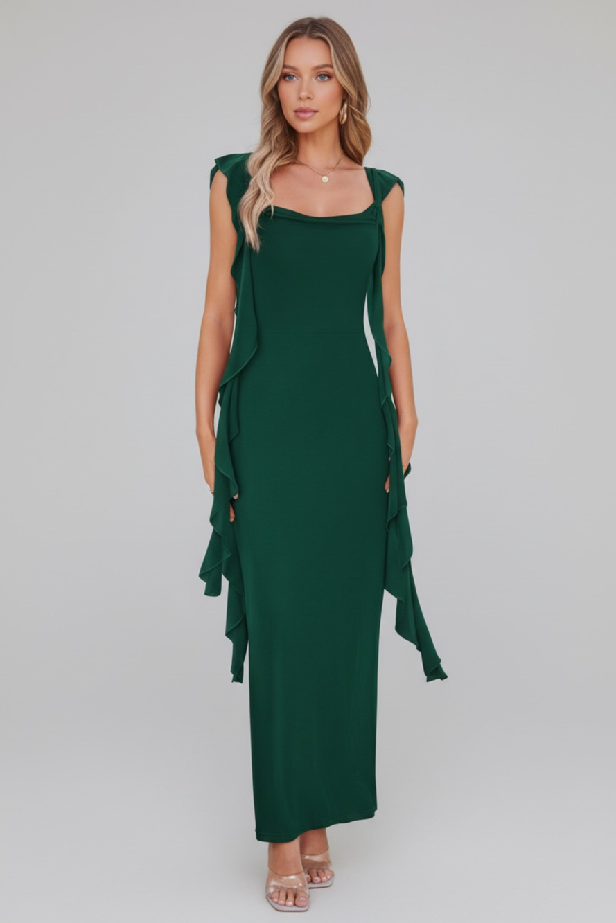 PRETTYGARDEN Women's Ruffle Bodycon Maxi Dress Dark Green